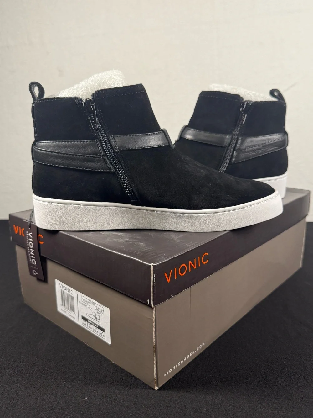 Vionic - Mitzi Black Suede Ankle Bootie W/ Side Zipper White Soles NIB Size 6.5